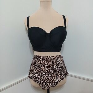 Womens XL Black Underwire Bikini Top & Leopard High Waist Ruched Bottom Set NWOT